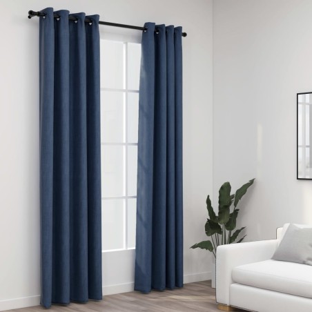 Cortinas opacas aspeto linho c/ ilhós 2 pcs 140x225 cm azul