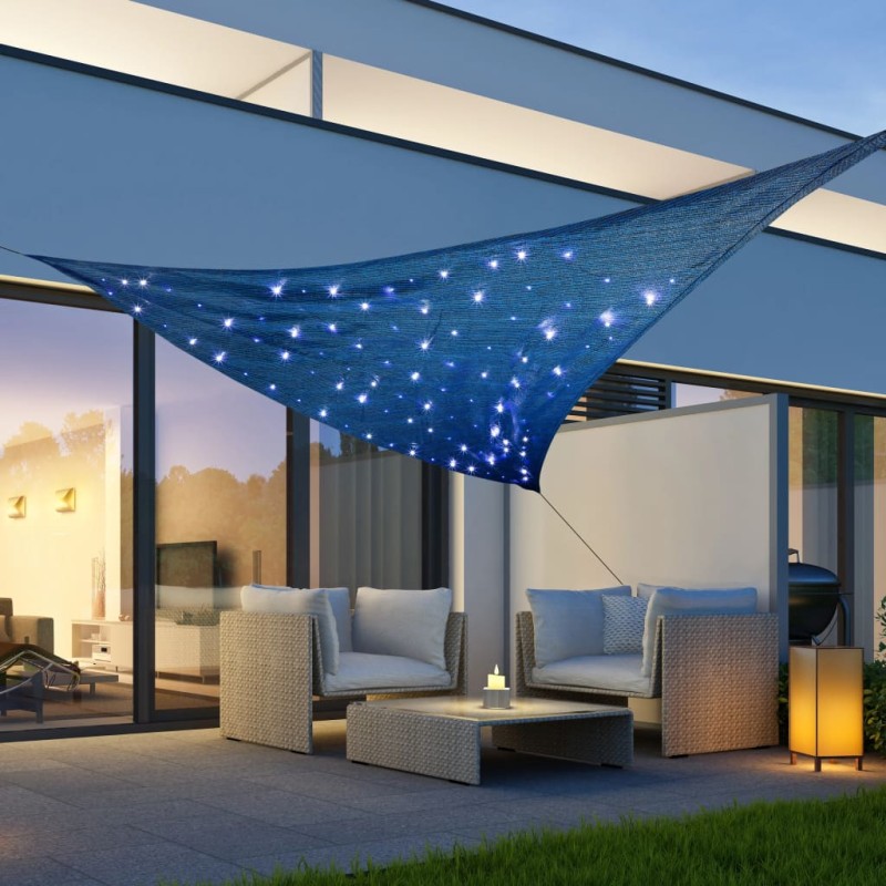 HI Para-sol estilo vela c/ 100 luzes LED 3,6x3,6x3,6 m azul-claro-Guarda-sóis e telas de varanda-Home Retail