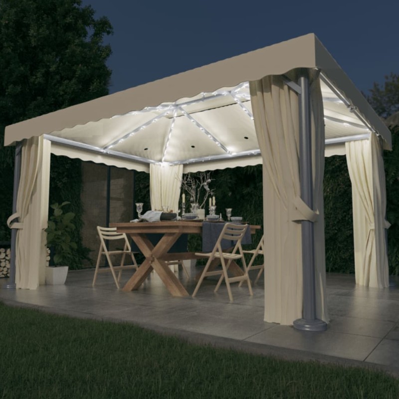 Gazebo com cortinas e cordões de luzes LED 4x3 m branco nata-Toldos e gazebos-Home Retail