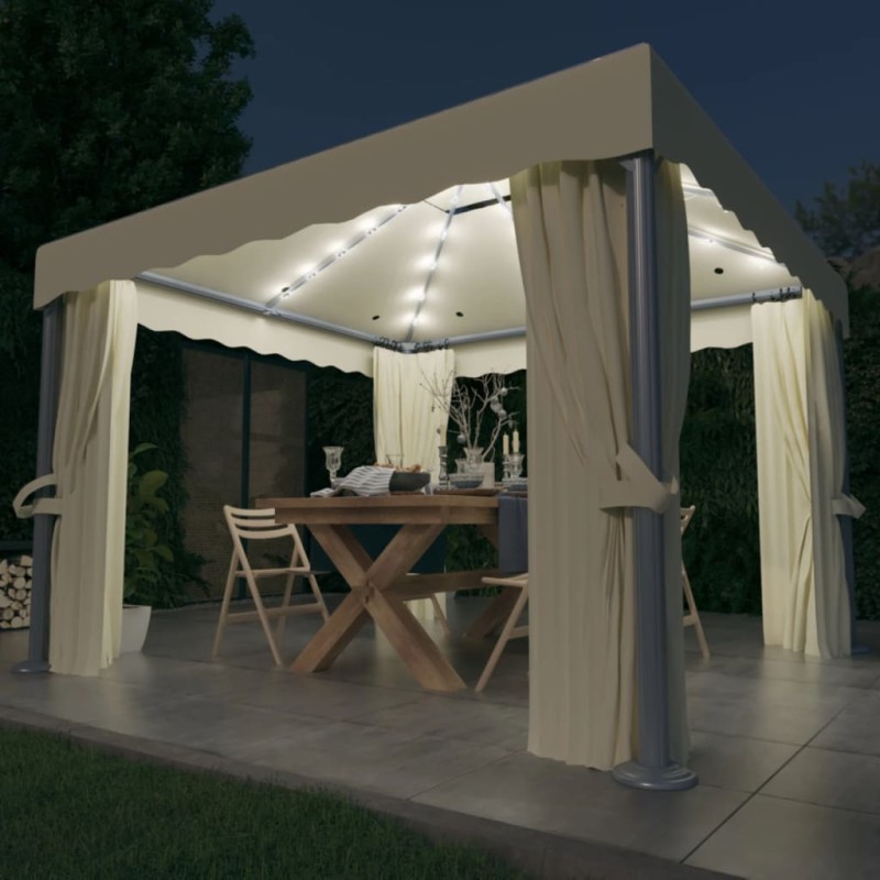 Gazebo com cortinas e cordões de luzes LED 3x3 m branco nata-Toldos e gazebos-Home Retail