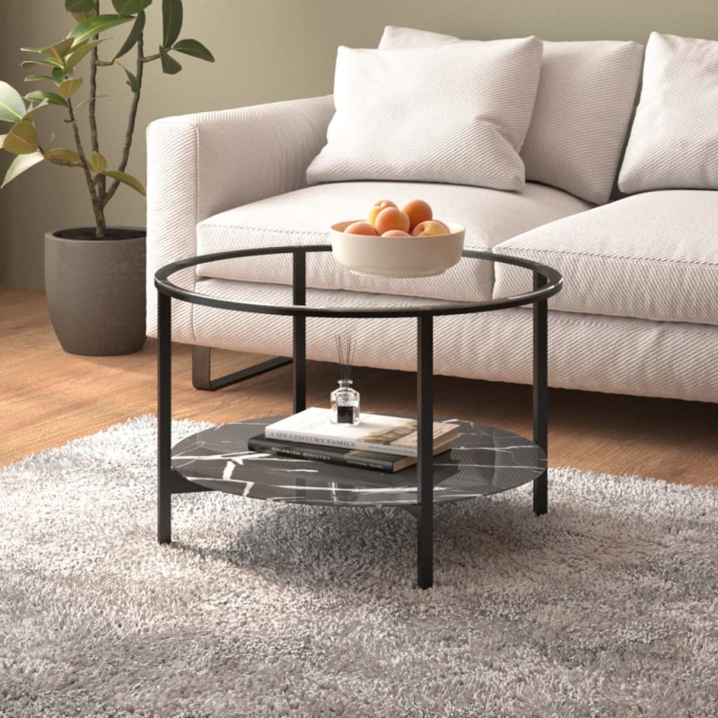 Mesa de centro 70 cm vidro temperado preto e preto mármore-Mesas de apoio-Home Retail