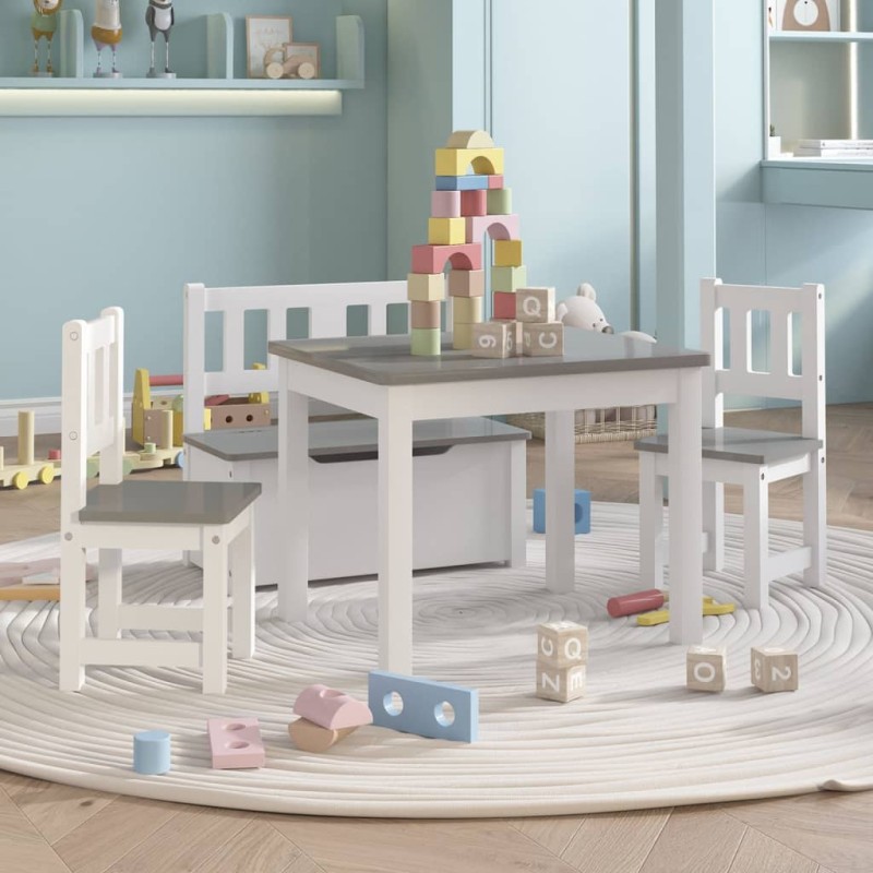 4 pcs conjunto mesa e cadeiras infantil MDF branco e cinzento-Conjuntos de móveis infantis-Home Retail