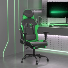 Cadeira gaming massagens c/ apoio pés couro artif. preto/verde