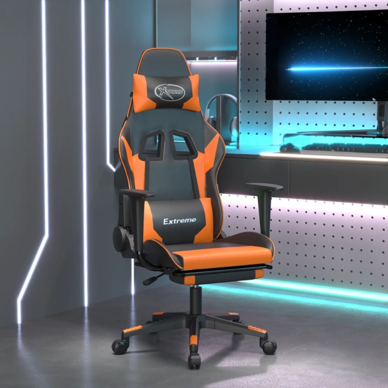 Cadeira gaming massagem c/ apoio pés couro artif. preto/laranja-Cadeiras de jogo-Home Retail