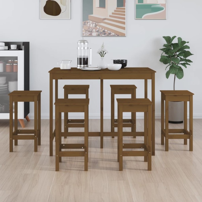 7 pcs conjunto de bar pinho maciço castanho mel-Conjuntos de móveis para cozinha e sala de jantar-Home Retail