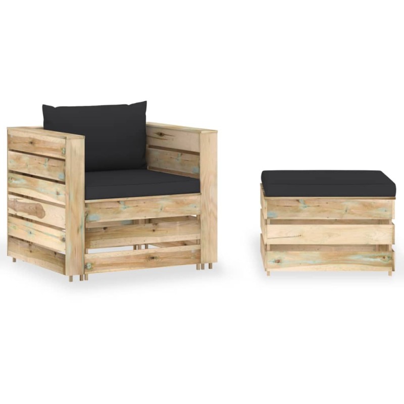 2 pcs conj. lounge jardim c/ almofadões madeira impreg. verde-Conjuntos de jardim-Home Retail