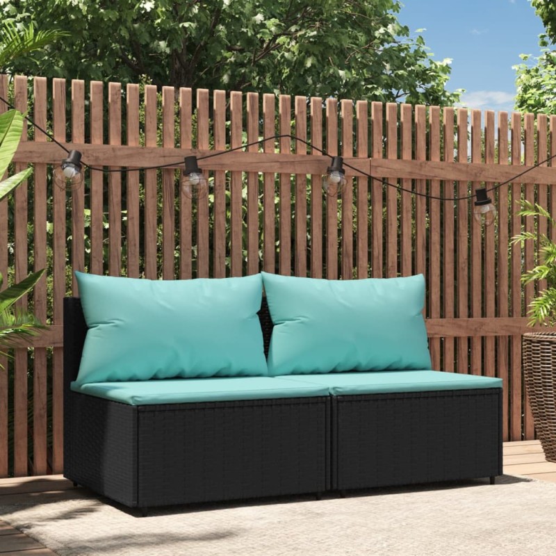 Sofás de centro p/ jardim c/ almofadões 2 pcs vime PE preto-Sofás para exterior-Home Retail