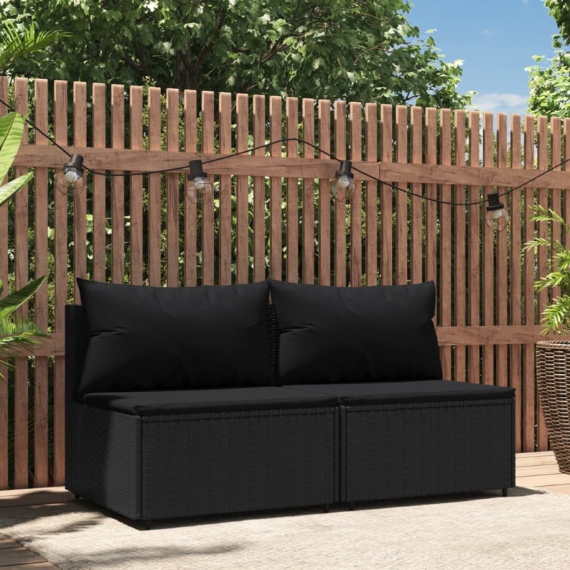 Sofás de centro p/ jardim c/ almofadões 2 pcs vime PE preto-Sofás para exterior-Home Retail