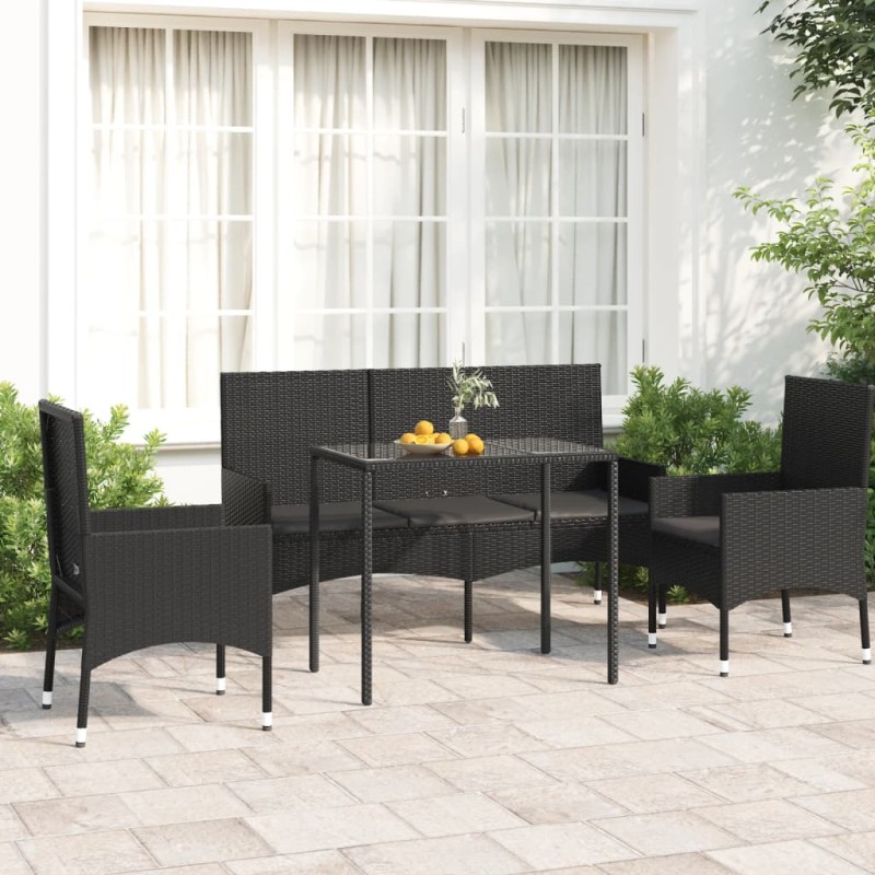 4 pcs conjunto lounge de jardim c/ almofadões vime PE preto-Conjuntos de jardim-Home Retail