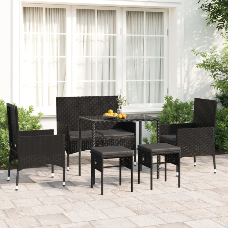 6 pcs conjunto lounge de jardim c/ almofadões vime PE preto-Conjuntos de jardim-Home Retail