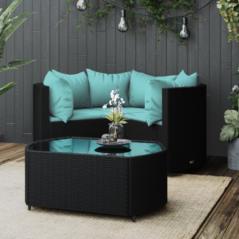 4 pcs conjunto lounge de jardim c/ almofadões vime PE preto-Conjuntos de jardim-Home Retail