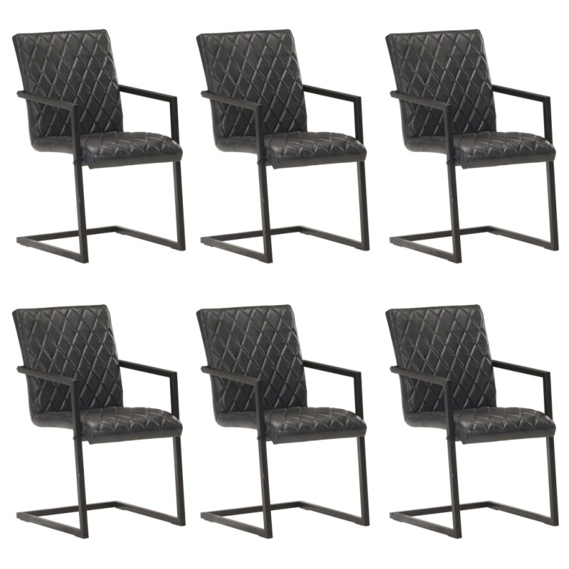 Cadeiras de jantar cantilever 6 pcs couro genuíno preto-Cadeiras de cozinha e sala de jantar-Home Retail