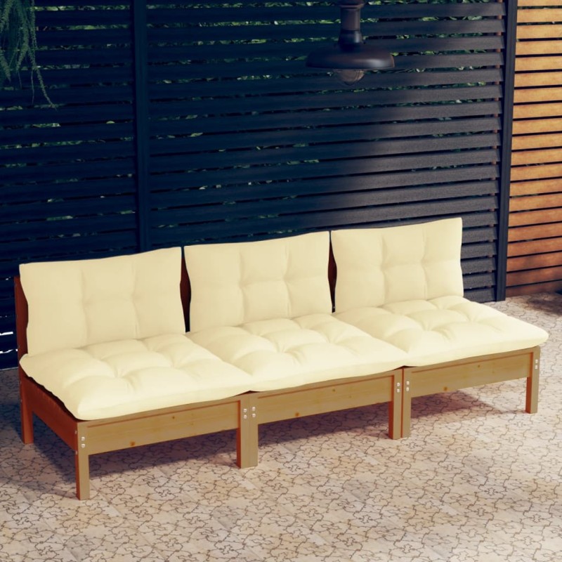 Sofá de jardim 3 lugares com almofadões cor creme pinho maciço-Sofás para exterior-Home Retail