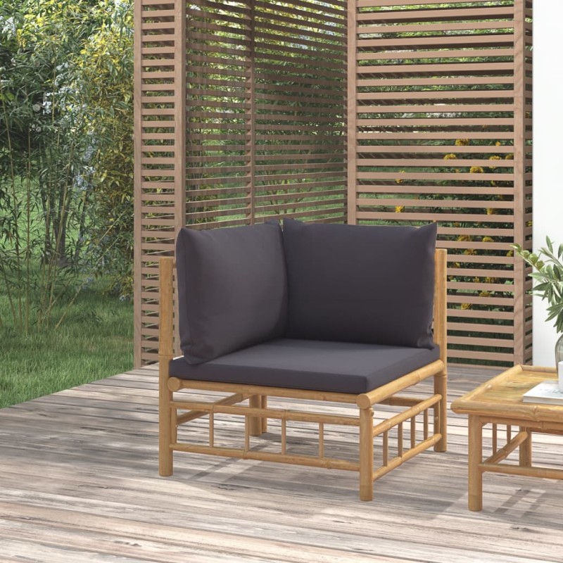 Sofá de canto de jardim bambu com almofadões cinzento-escuro-Unidades de sofá com módulos externos-Home Retail