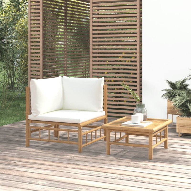 2 pcs conjunto lounge de jardim bambu c/ almofadões branco nata-Unidades de sofá com módulos externos-Home Retail