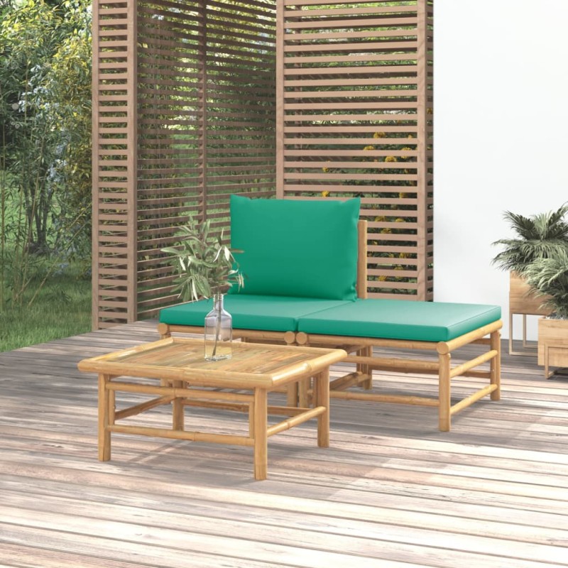 3 pcs conjunto lounge de jardim bambu c/ almofadões verdes-Unidades de sofá com módulos externos-Home Retail