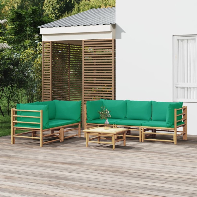 6 pcs conjunto lounge de jardim bambu c/ almofadões verdes-Conjuntos de jardim-Home Retail