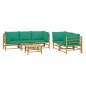 6 pcs conjunto lounge de jardim bambu c/ almofadões verdes