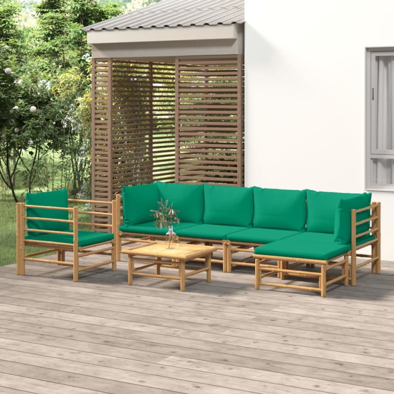 7 pcs conjunto lounge de jardim bambu c/ almofadões verdes-Conjuntos de jardim-Home Retail