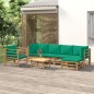 7 pcs conjunto lounge de jardim bambu c/ almofadões verdes