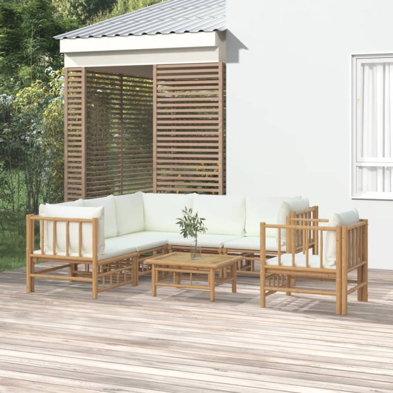 7 pcs conjunto lounge de jardim bambu c/ almofadões branco nata-Conjuntos de jardim-Home Retail