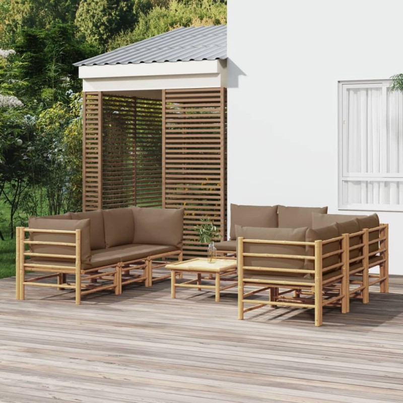 9 pcs conj. lounge jardim bambu almofadões cinzento-acastanhado-Conjuntos de jardim-Home Retail