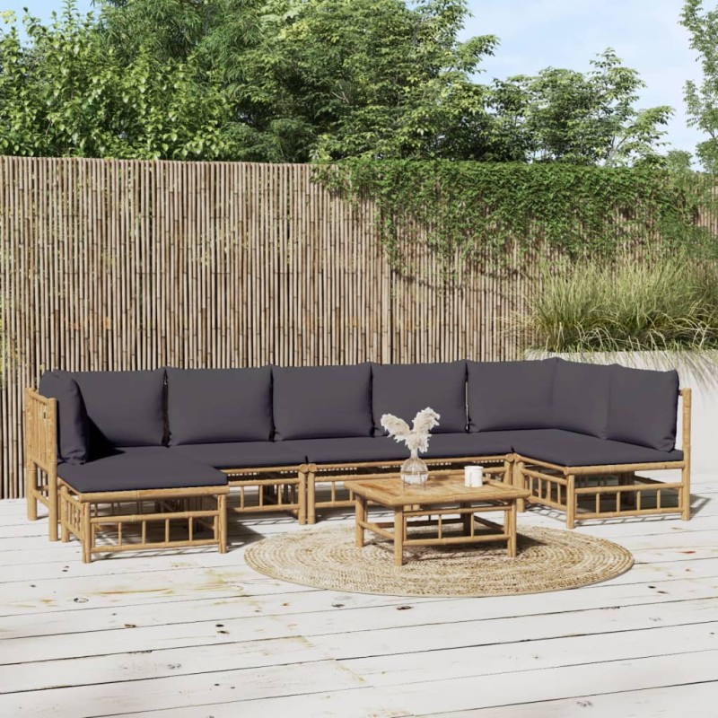 8pcs conj. lounge de jardim bambu c/ almofadões cinzento-escuro-Conjuntos de jardim-Home Retail