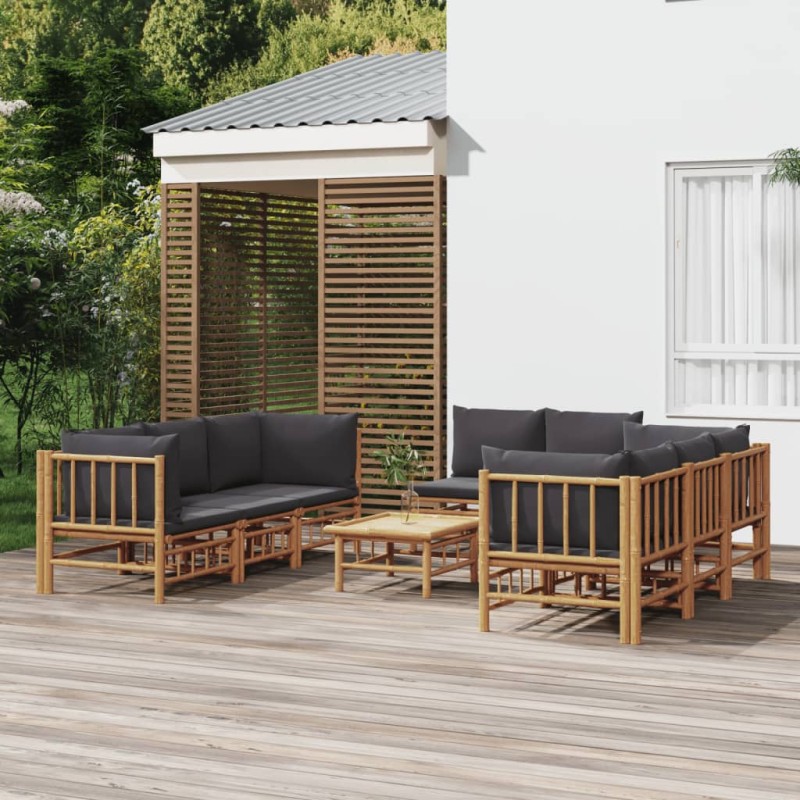 9pcs conj. lounge de jardim bambu c/ almofadões cinzento-escuro-Conjuntos de jardim-Home Retail