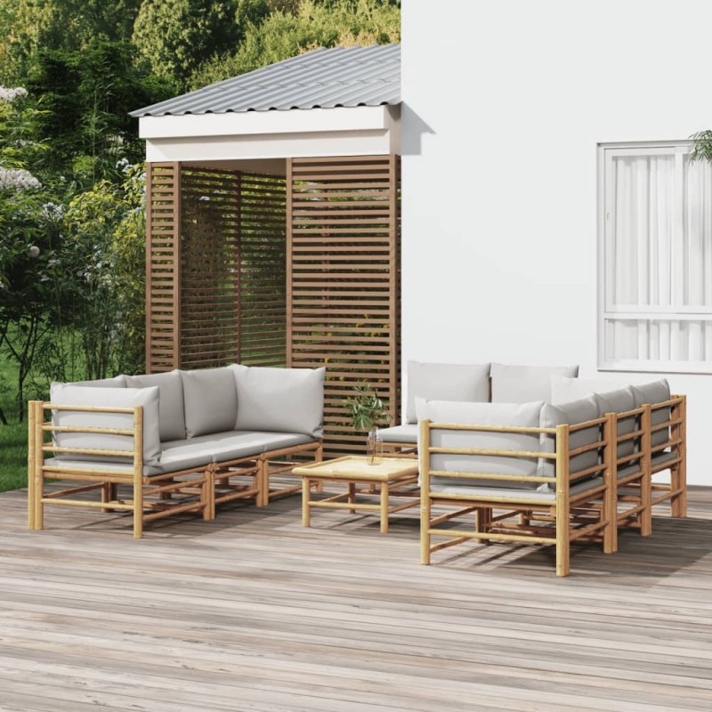 9 pcs conj. lounge de jardim bambu c/ almofadões cinzento-claro-Conjuntos de jardim-Home Retail