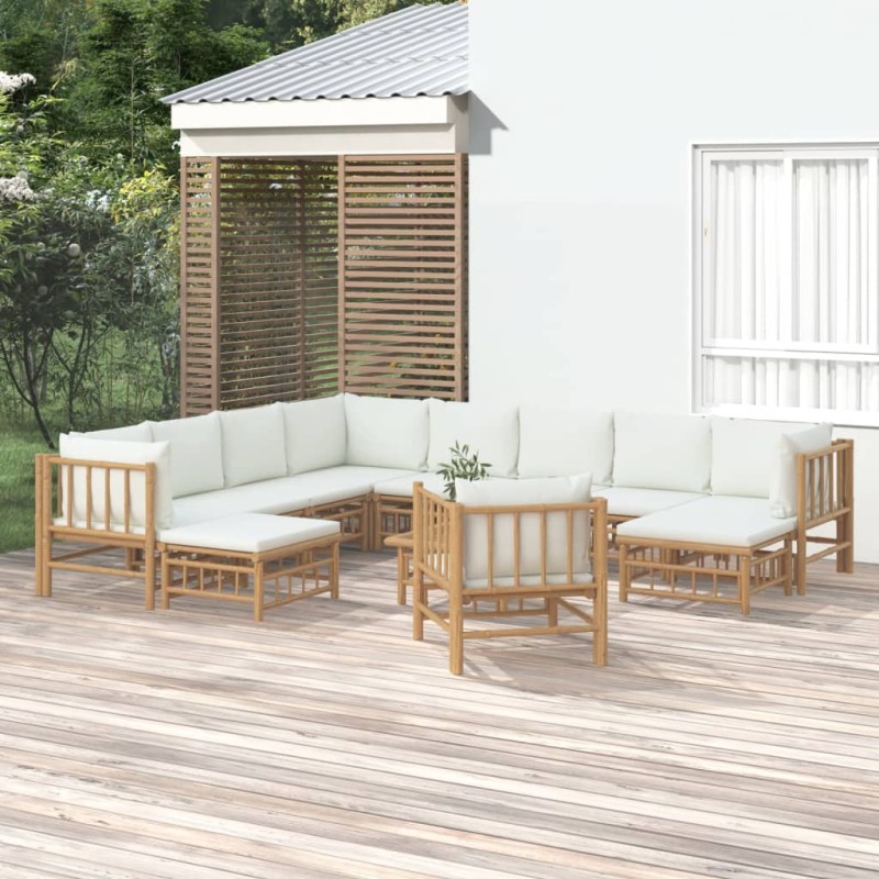 12pcs conjunto lounge de jardim bambu c/ almofadões branco nata-Conjuntos de jardim-Home Retail