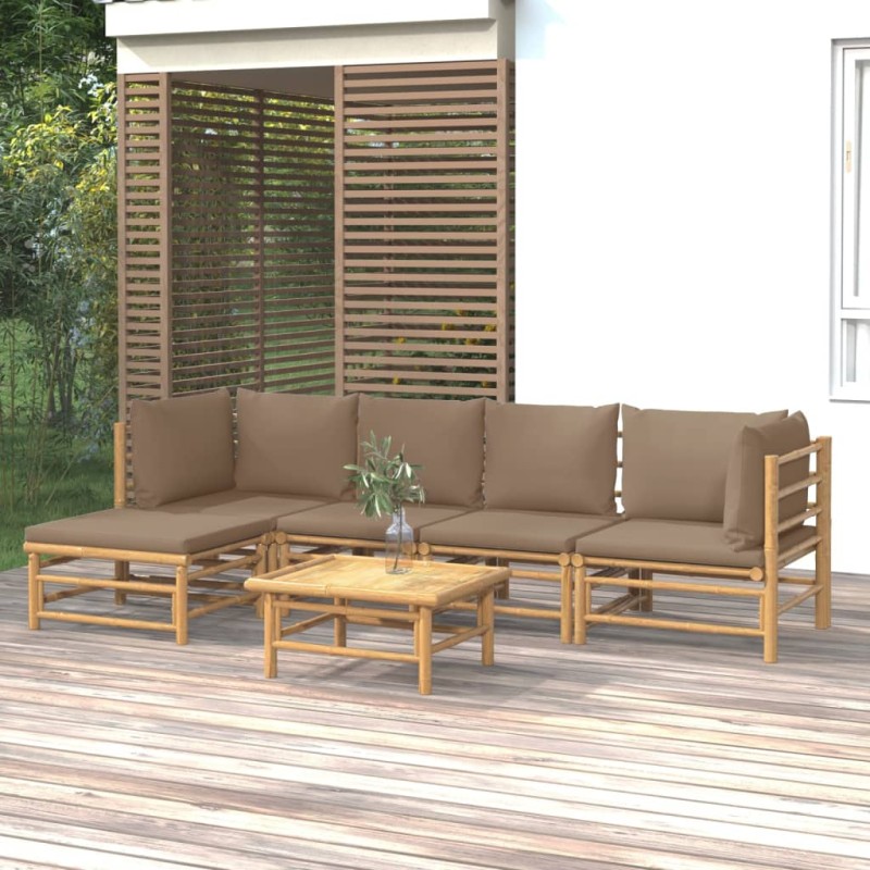 6 pcs conj. lounge jardim bambu almofadões cinzento-acastanhado-Conjuntos de jardim-Home Retail