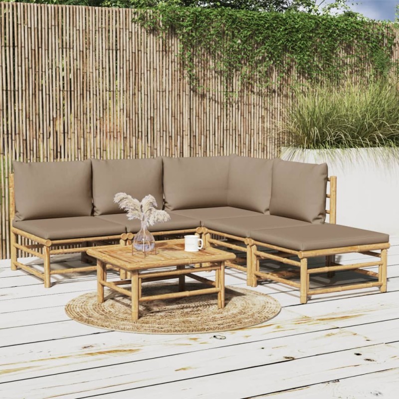 6 pcs conj. lounge jardim bambu almofadões cinzento-acastanhado-Conjuntos de jardim-Home Retail