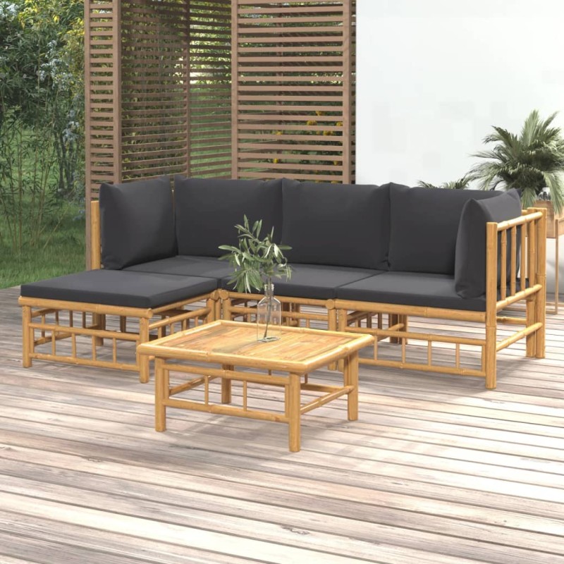 5 pcs conjunto lounge jardim bambu c/ almofadões cinza-escuro-Conjuntos de jardim-Home Retail