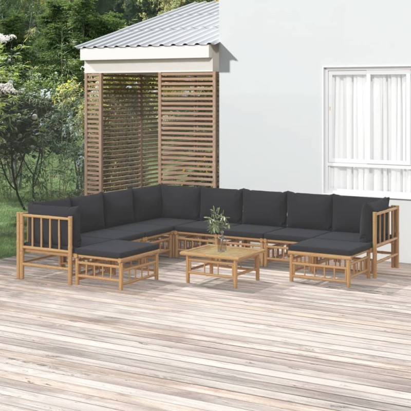 11pcs conj. lounge de jardim bambu + almofadões cinzento-escuro-Conjuntos de jardim-Home Retail