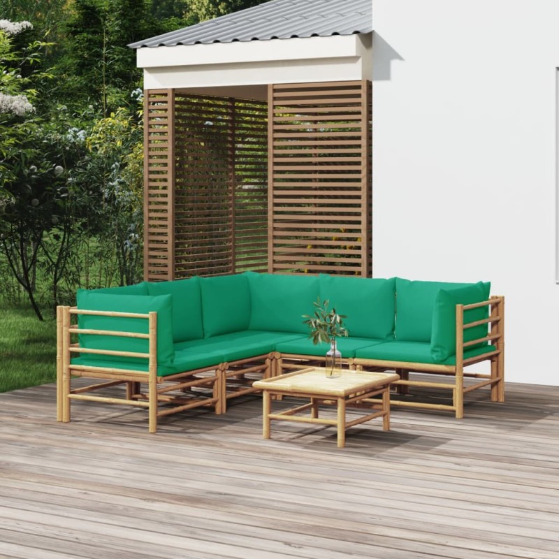 6 pcs conjunto lounge de jardim bambu c/ almofadões verdes-Conjuntos de jardim-Home Retail