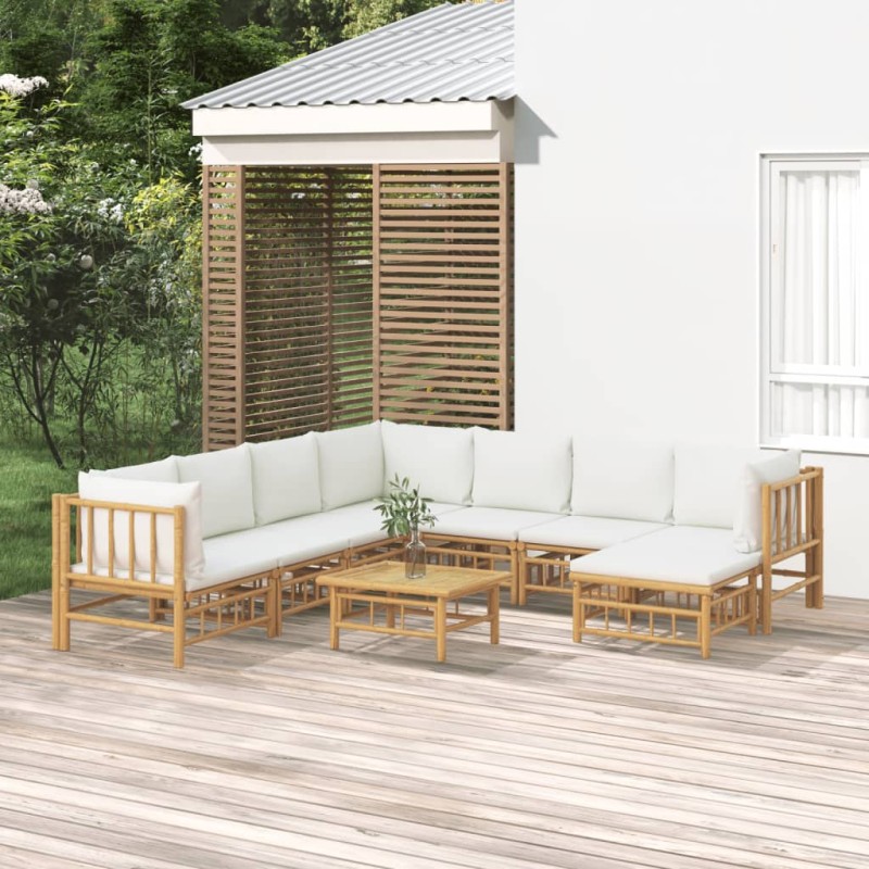 9 pcs conjunto lounge de jardim bambu c/ almofadões branco nata-Conjuntos de jardim-Home Retail