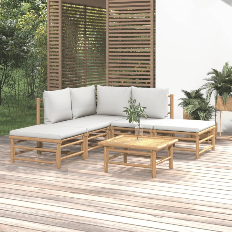 6 pcs conj. lounge de jardim bambu c/ almofadões cinzento-claro-Conjuntos de jardim-Home Retail