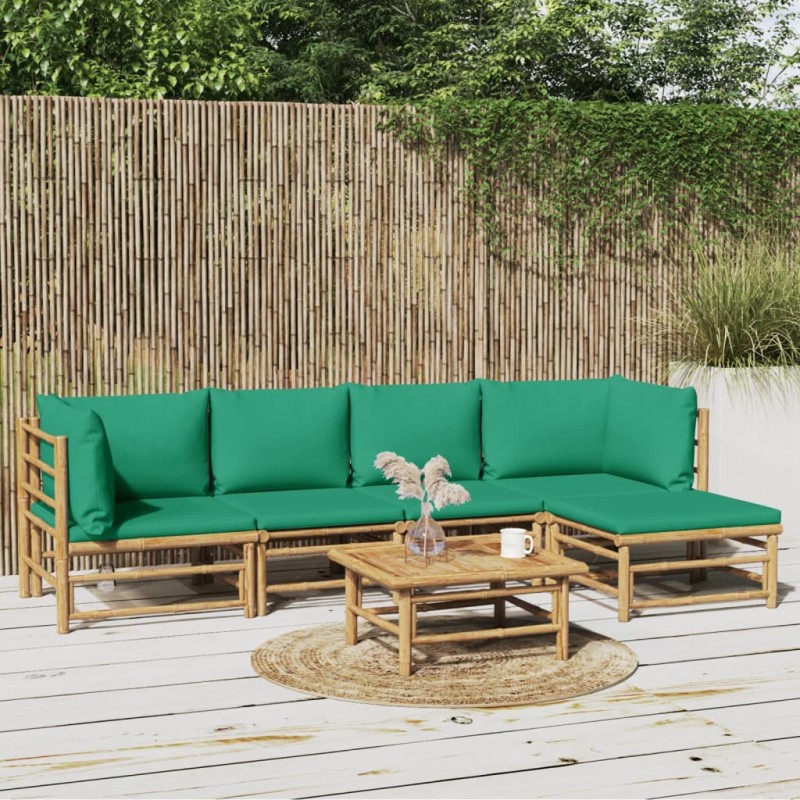 6 pcs conjunto lounge de jardim bambu c/ almofadões verdes-Conjuntos de jardim-Home Retail