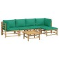 6 pcs conjunto lounge de jardim bambu c/ almofadões verdes