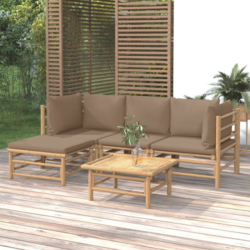 5 pcs conj. lounge jardim bambu almofadões cinzento-acastanhado-Conjuntos de jardim-Home Retail