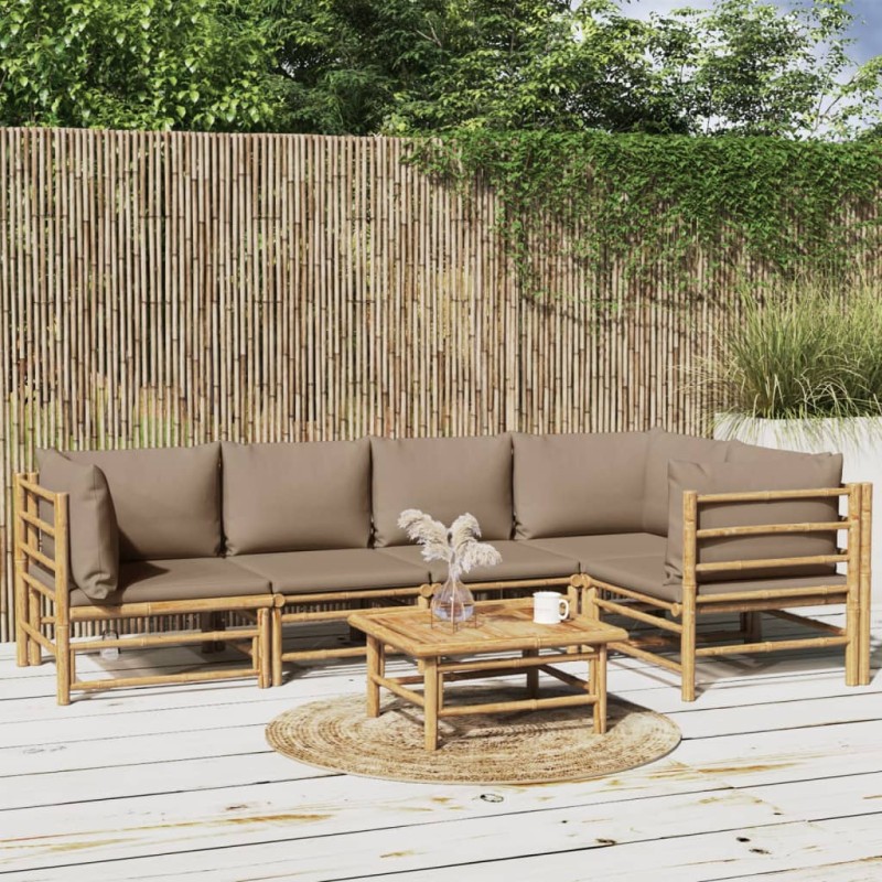 6 pcs conj. lounge jardim bambu almofadões cinzento-acastanhado-Conjuntos de jardim-Home Retail