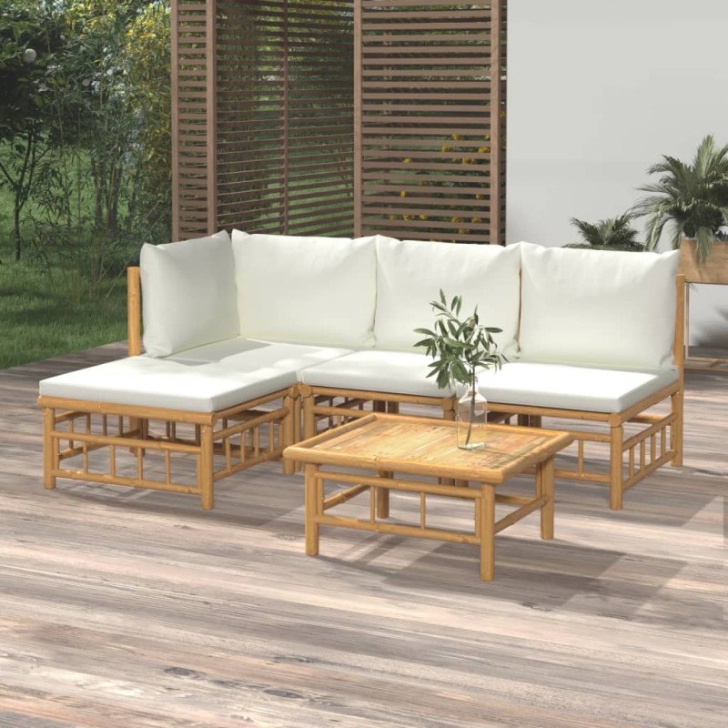 5 pcs conjunto lounge de jardim bambu c/ almofadões branco nata-Conjuntos de jardim-Home Retail