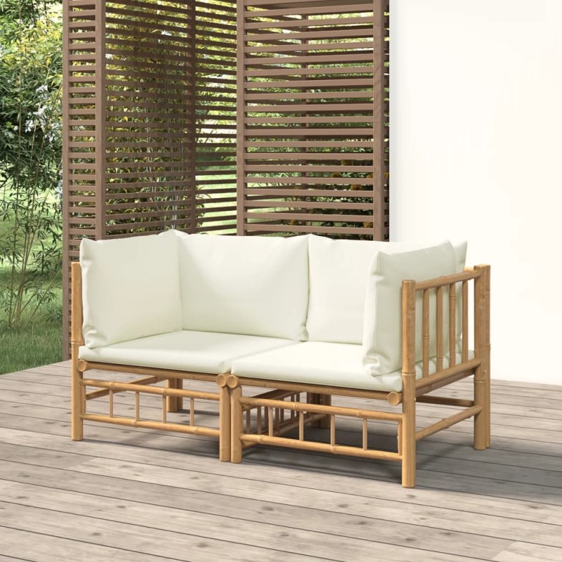 2pcs Sofás de canto para jardim bambu c/ almofadões branco nata-Conjuntos de jardim-Home Retail