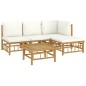 5 pcs conjunto lounge de jardim bambu c/ almofadões branco nata