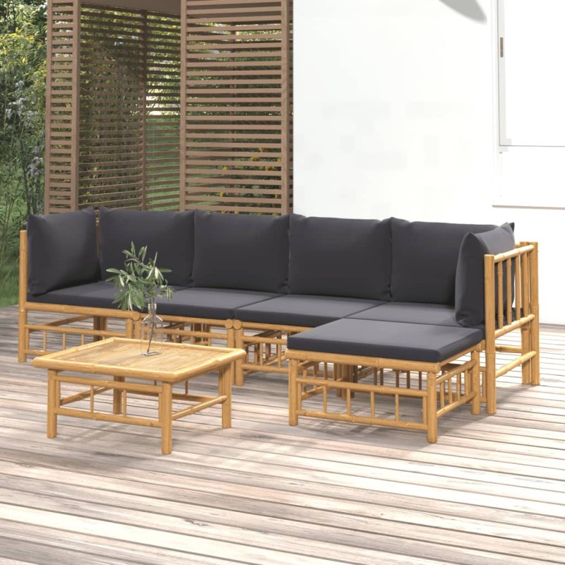 6 pcs conjunto lounge jardim bambu c/ almofadões cinza-escuro-Conjuntos de jardim-Home Retail