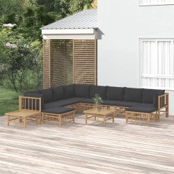 12pcs conj. lounge de jardim bambu c/ almofadões cinza-escuro