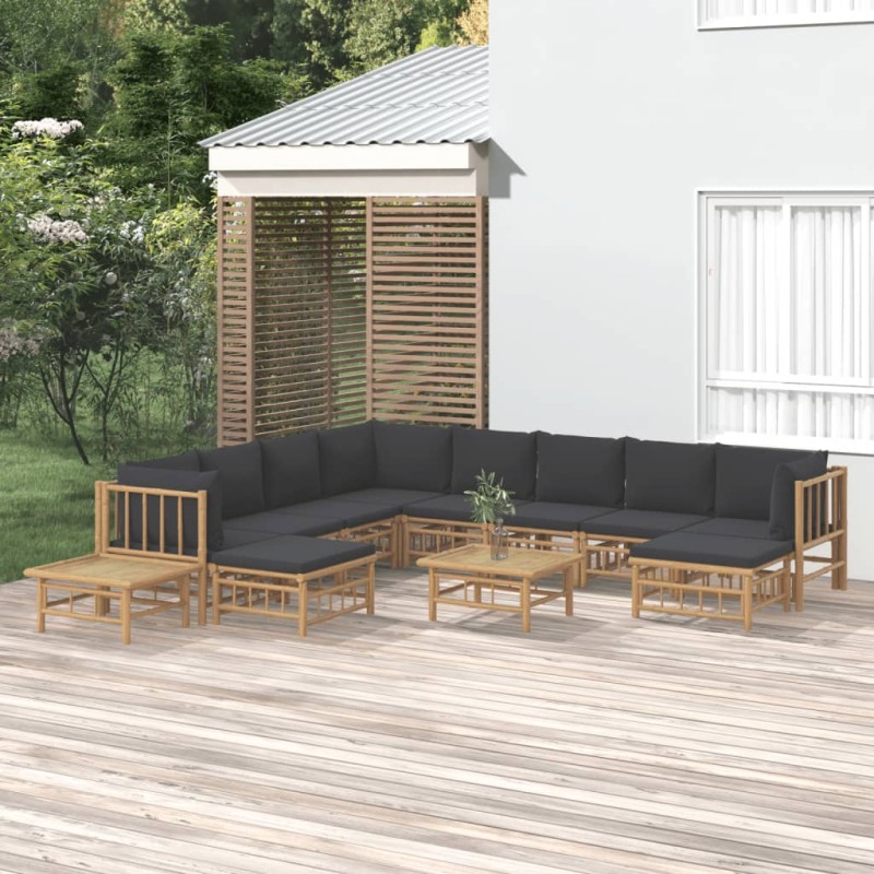 12pcs conj. lounge de jardim bambu c/ almofadões cinza-escuro-Conjuntos de jardim-Home Retail