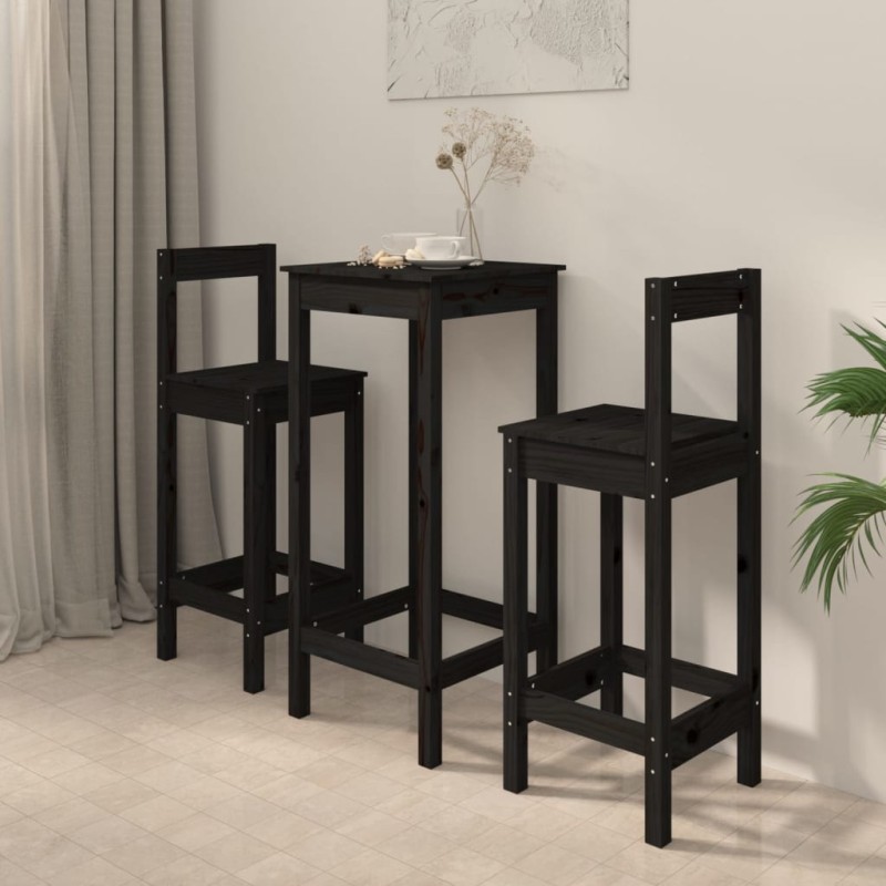 3 pcs conjunto de bar pinho maciço preto-Conjuntos de móveis para cozinha e sala de jantar-Home Retail