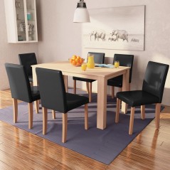 Mesa e cadeiras de jantar 7 pcs couro artificial carvalho preto