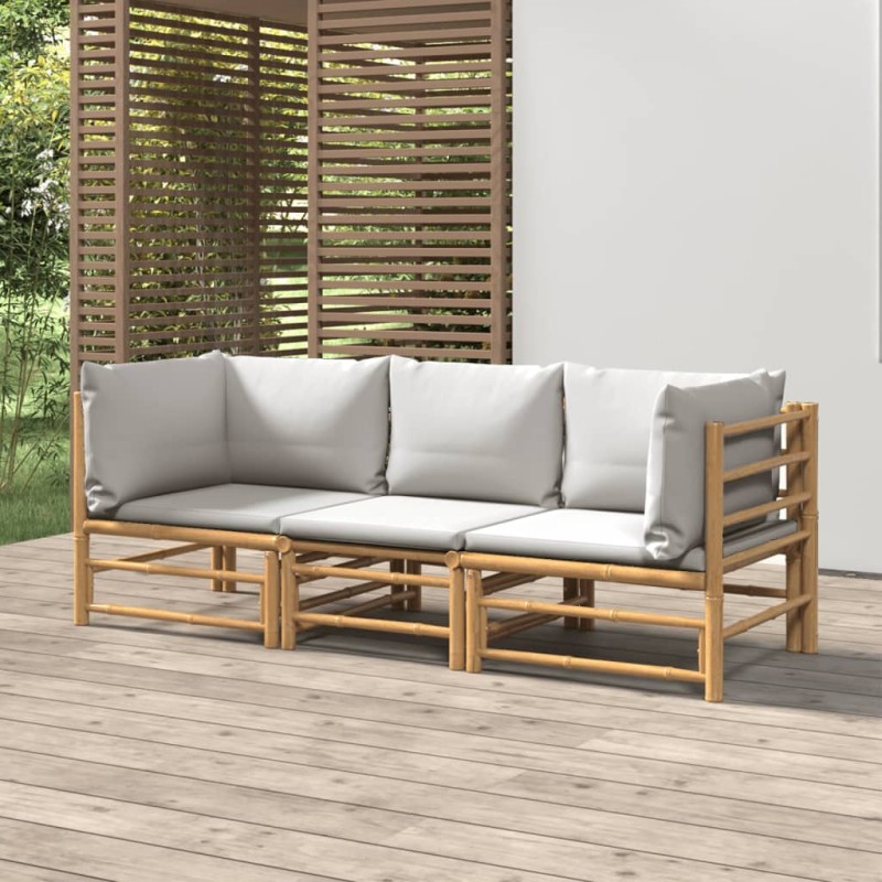 3 pcs conj. lounge de jardim bambu c/ almofadões cinzento-claro-Conjuntos de jardim-Home Retail